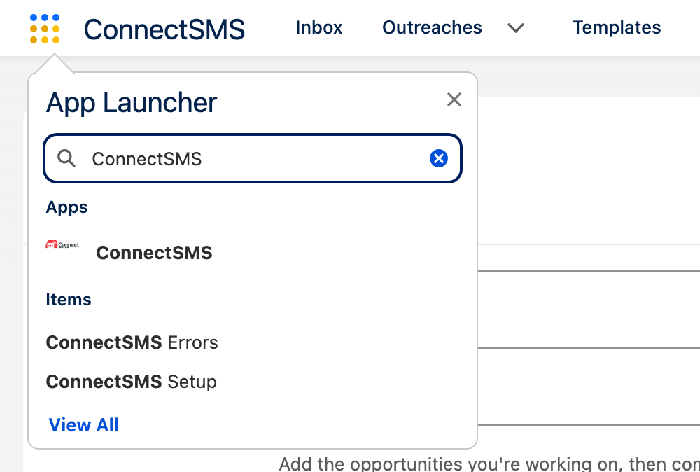 Salesforce App Launcher with ConnectSMS typed in the search box, showing the ConnectSMS app and the ConnectSMS Setup item