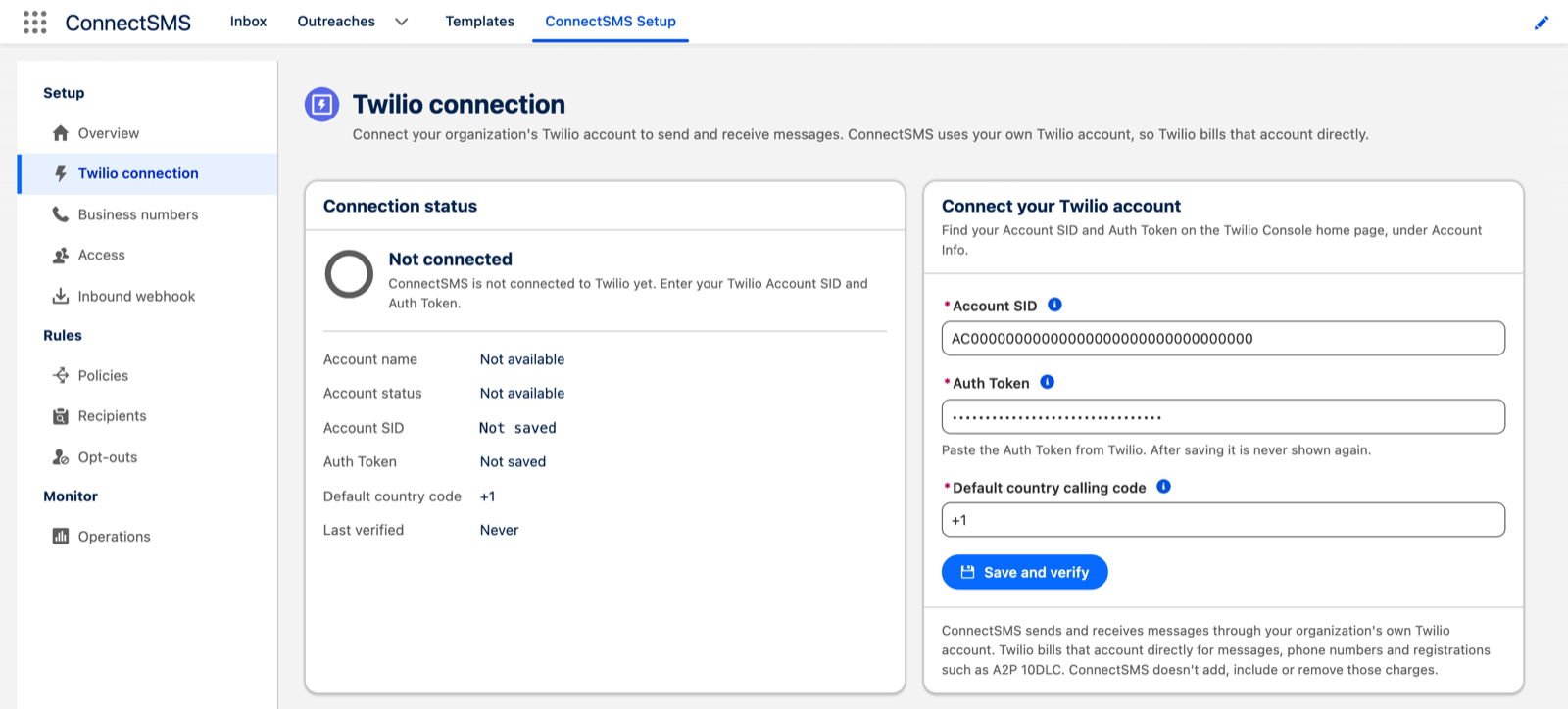 ConnectSMS Setup, Twilio connection section: Connection status Not connected, and the Connect your Twilio account form with Account SID, Auth Token, Default country calling code and the Save and verify button
