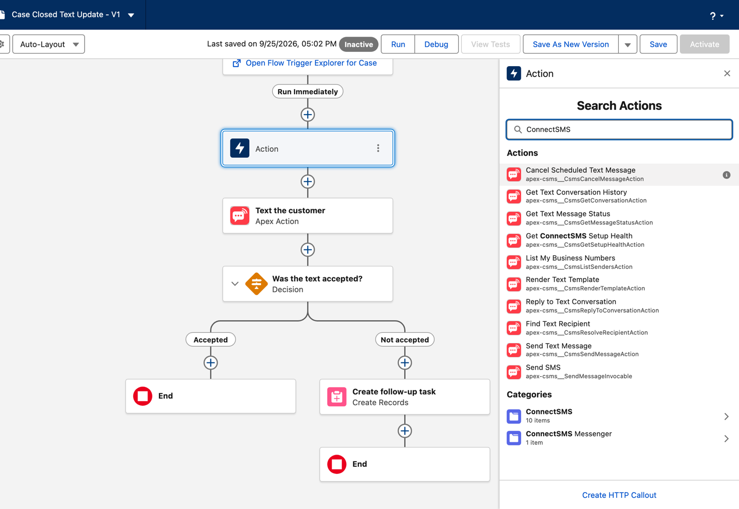 Salesforce Flow Builder showing the ten ConnectSMS actions next to a Flow that texts the customer when a Case is closed
