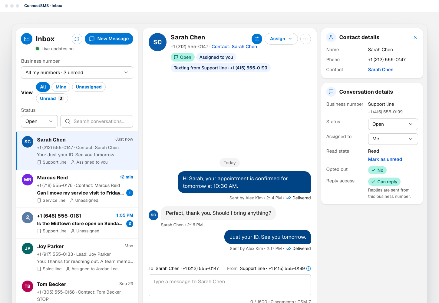 The ConnectSMS shared inbox with a conversation list, an open conversation and customer details