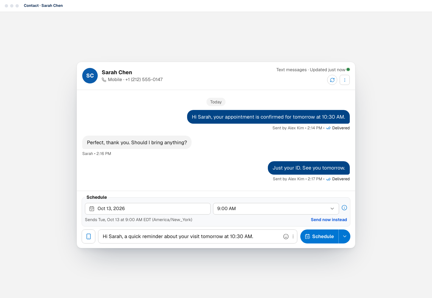 The ConnectSMS Text Messages component on a Contact record, with a delivered message, a reply and a scheduled send